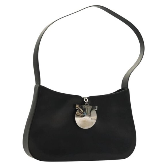 Salvatore Ferragamo Gancini Shoulder Bag Leather Black Silver Auth - Picture 1 of 16